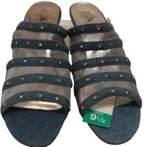 Vintage 1980’S Denim & Silver Mesh slides size 9.5  Rhinestone Detail NWT